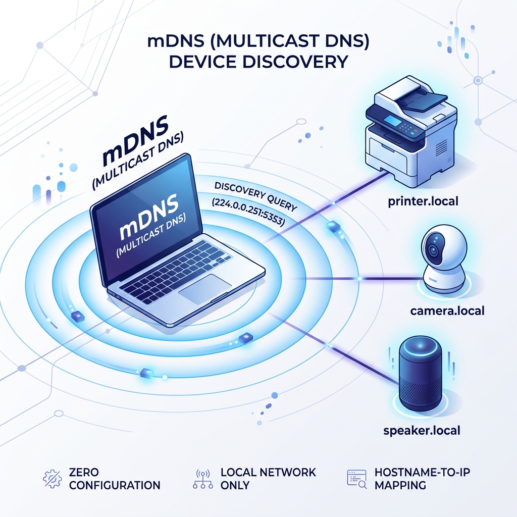 Diagram showing mDNS discovery process on a local network