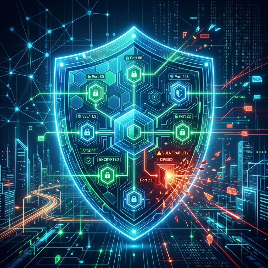 Illustration of network security shield with open and closed ports